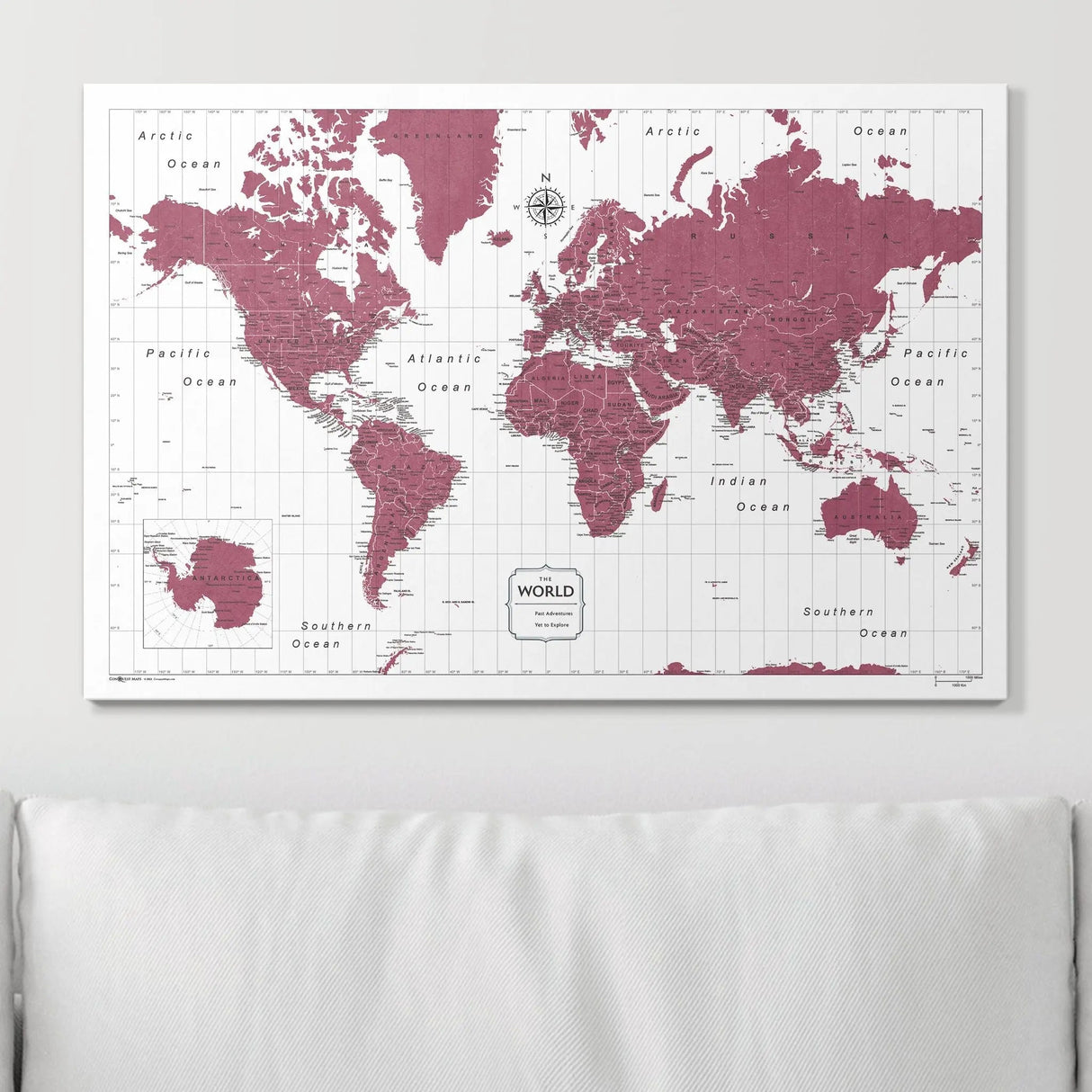 Push Pin World Map Pin Board - Burgundy Color Splash - Pins Included!