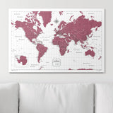 Push Pin World Map Pin Board - Burgundy Color Splash - Pins Included!