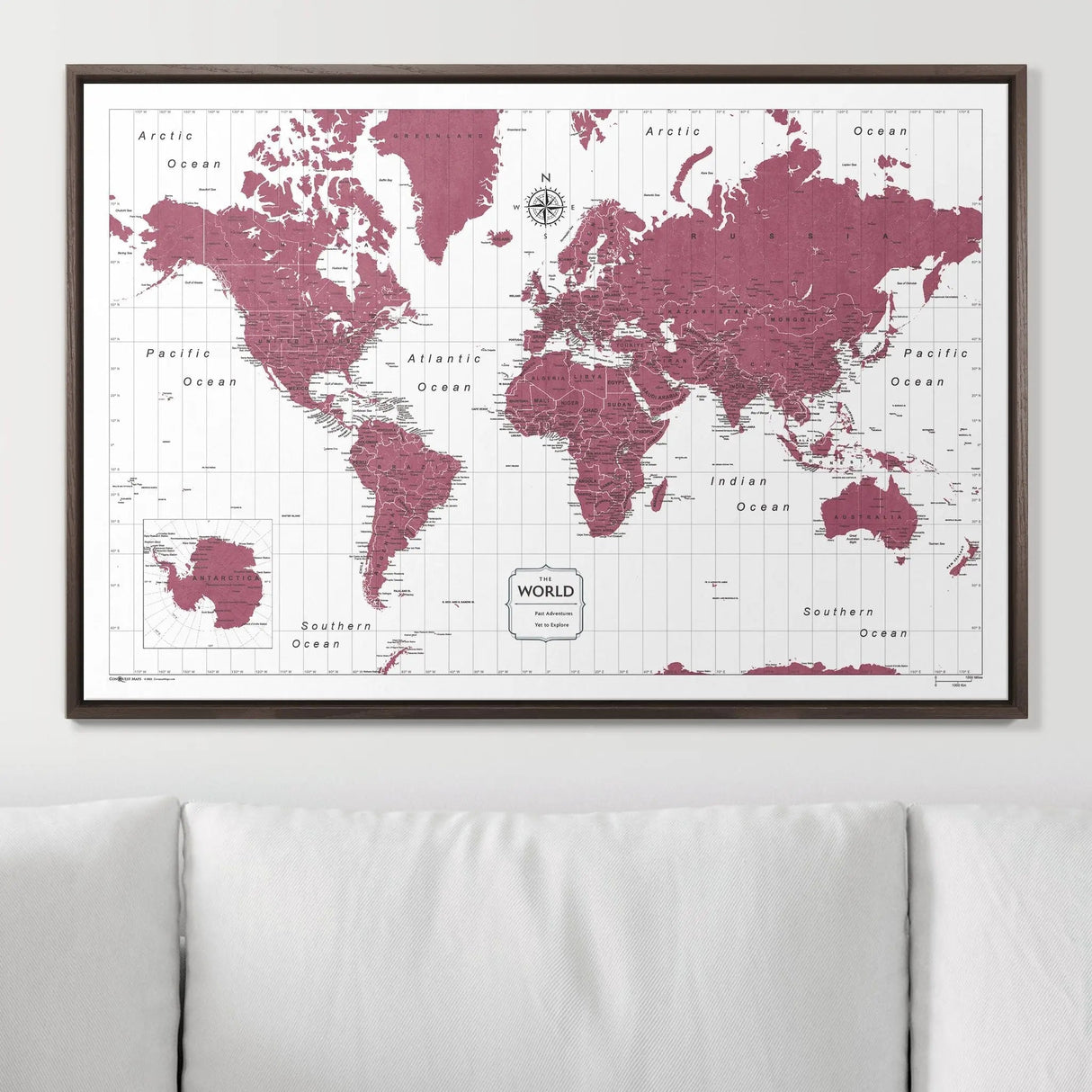 Push Pin World Map Pin Board - Burgundy Color Splash - Pins Included!