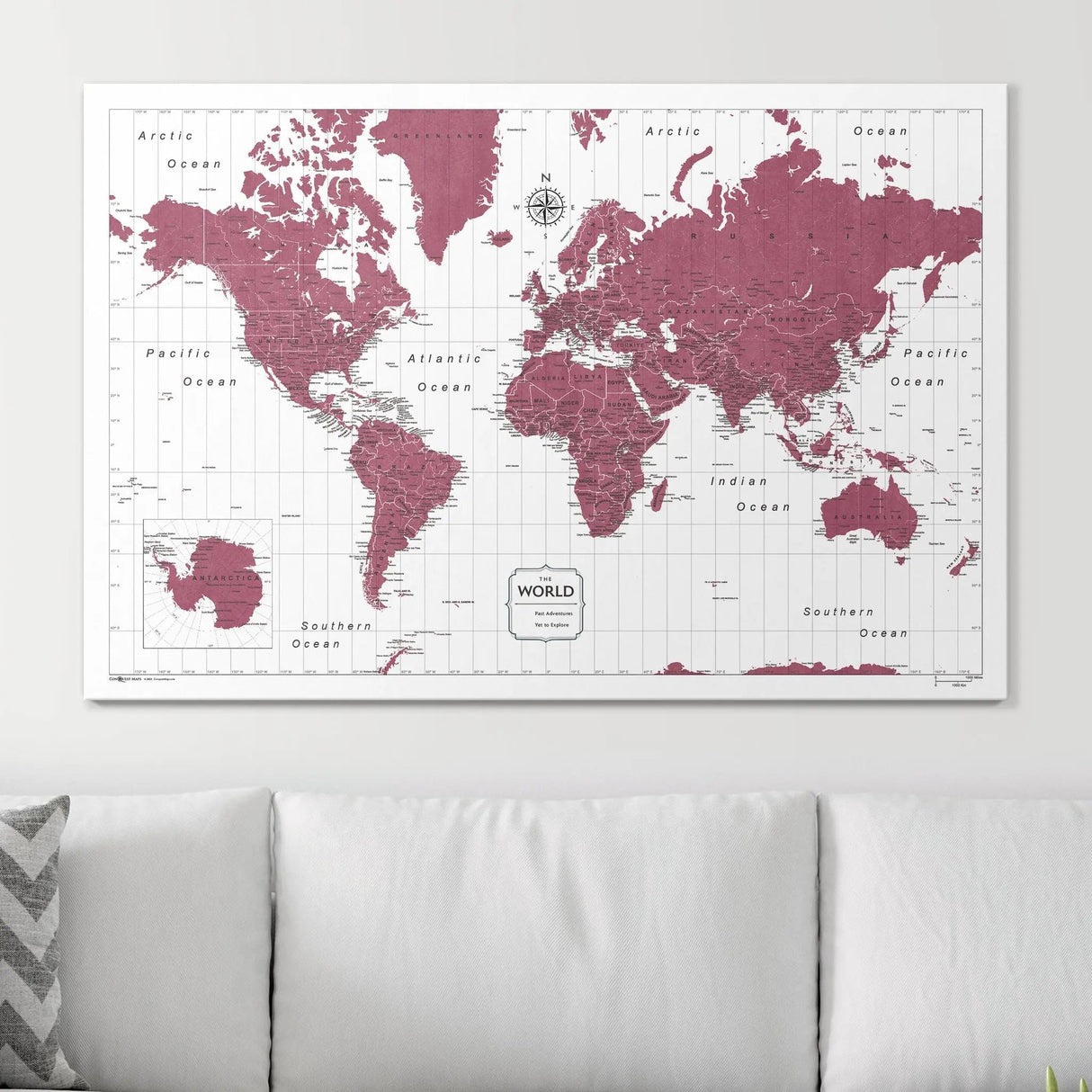 Push Pin World Map Pin Board - Burgundy Color Splash - Pins Included!