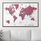 Push Pin World Map Pin Board - Burgundy Color Splash - Pins Included!