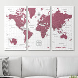 Push Pin World Map Pin Board - Burgundy Color Splash - Pins Included!