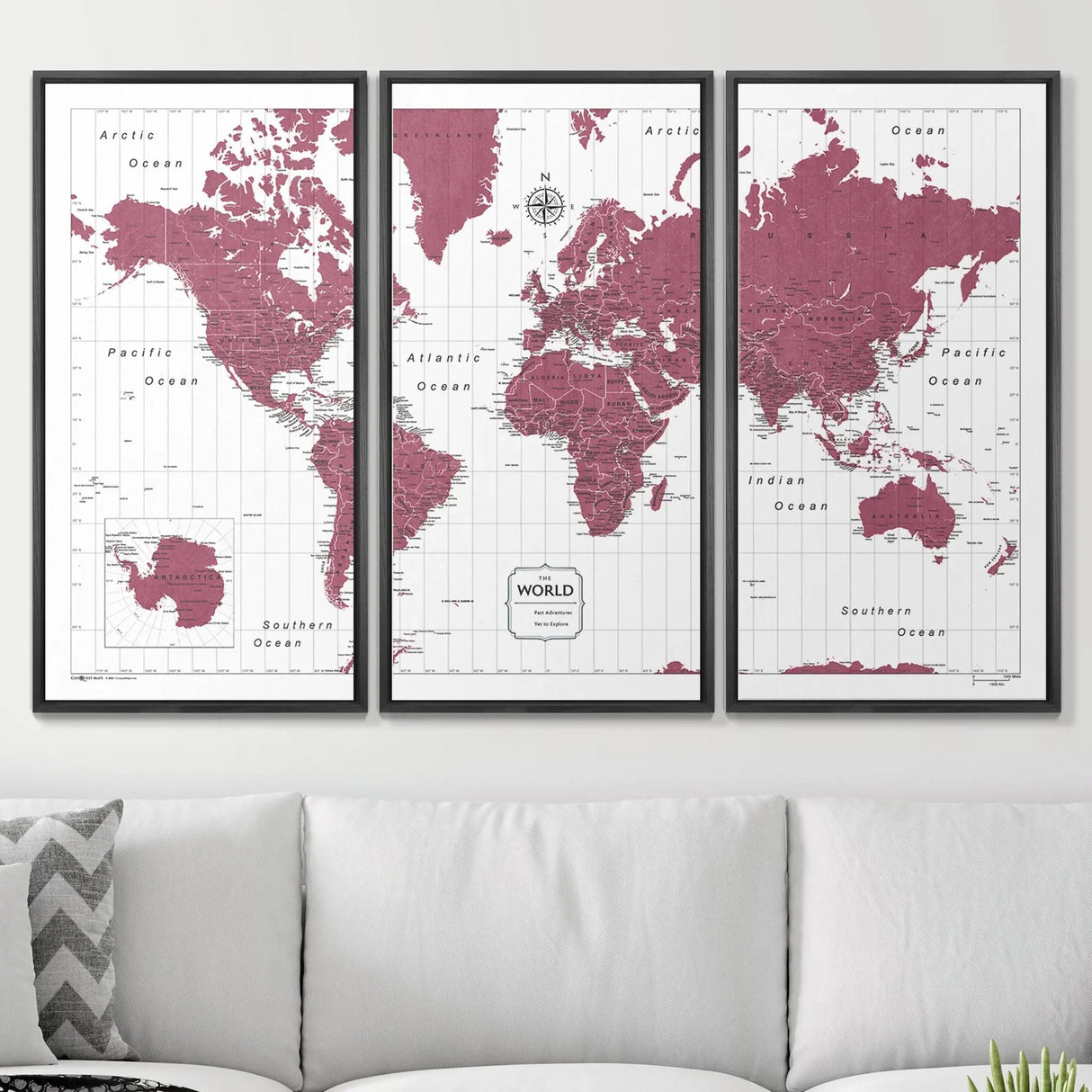 Push Pin World Map Pin Board - Burgundy Color Splash - Pins Included!