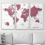 Push Pin World Map Pin Board - Burgundy Color Splash - Pins Included!