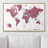 Push Pin World Map Pin Board - Burgundy Color Splash - Pins Included!