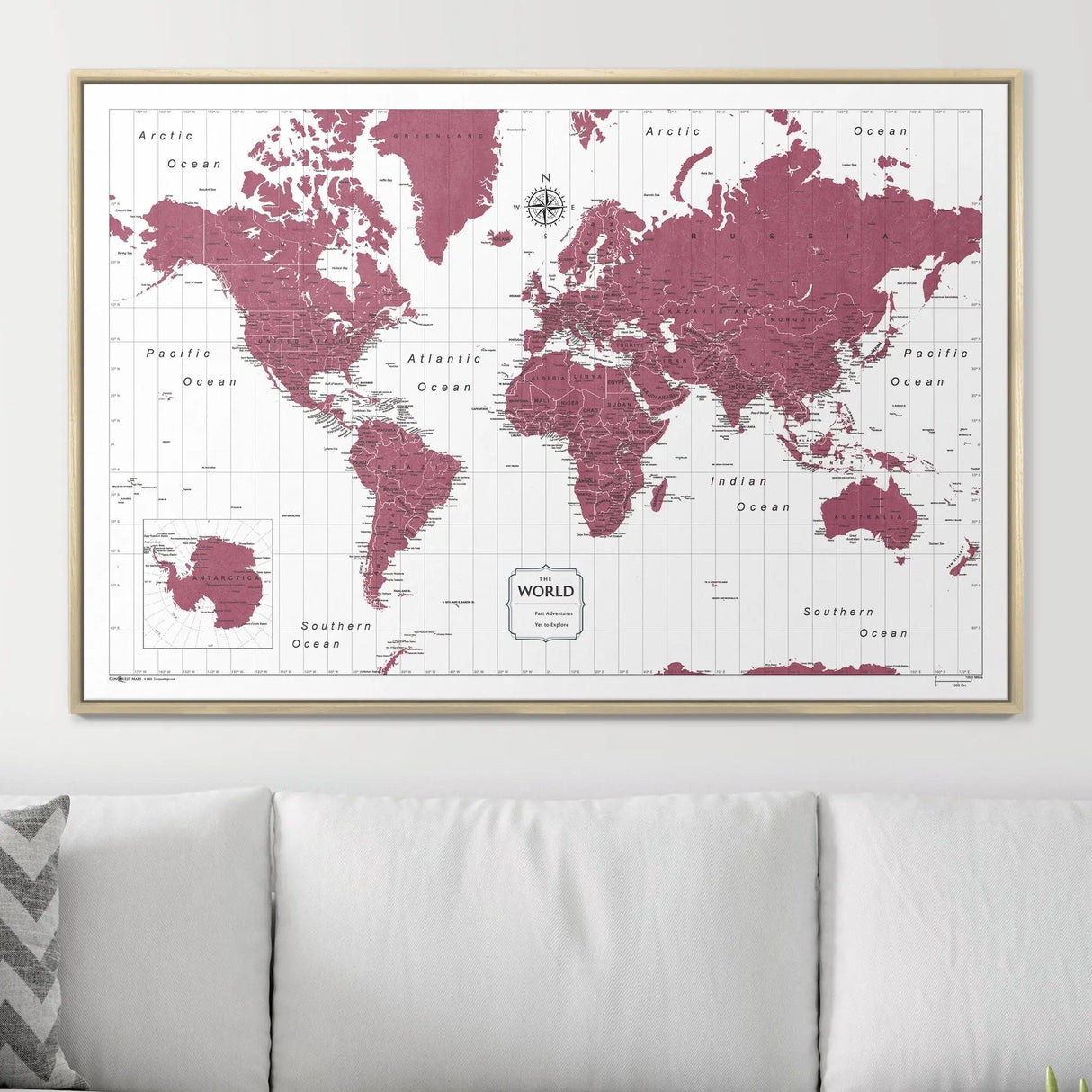 Push Pin World Map Pin Board - Burgundy Color Splash - Pins Included!