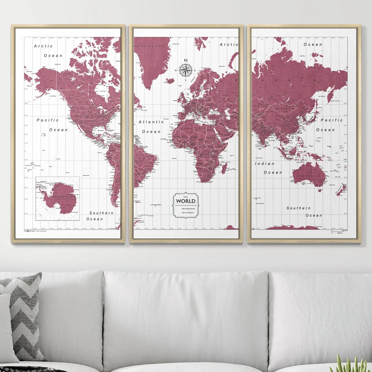 Push Pin World Map Pin Board - Burgundy Color Splash - Pins Included!