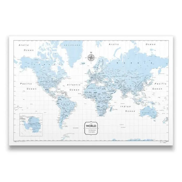 Push Pin World Map Map Pin Board - Light Blue Color Splash - Pins Included!