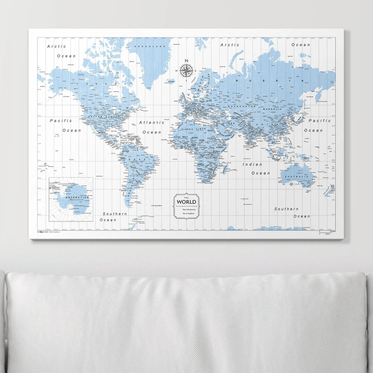 Push Pin World Map Map Pin Board - Light Blue Color Splash - Pins Included!