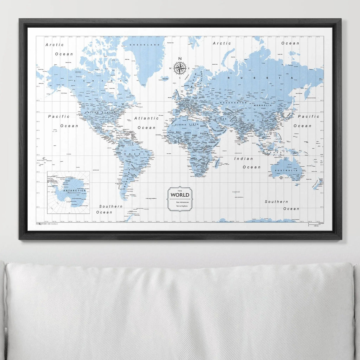 Push Pin World Map Map Pin Board - Light Blue Color Splash - Pins Included!