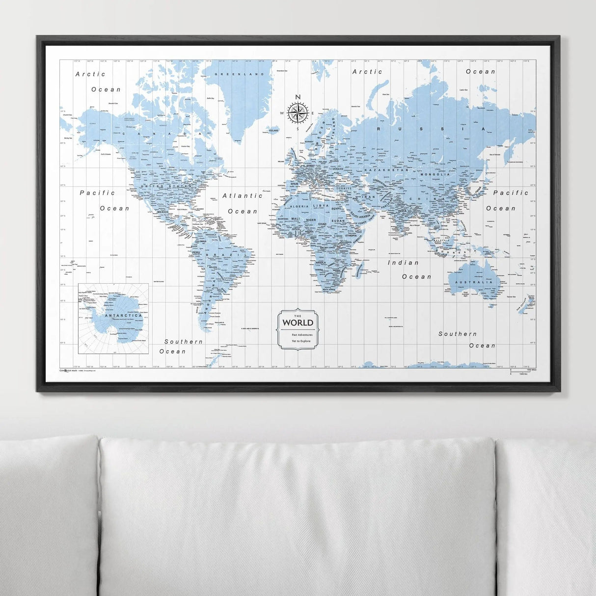 Push Pin World Map Map Pin Board - Light Blue Color Splash - Pins Included!