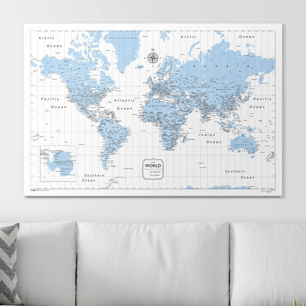 Push Pin World Map Map Pin Board - Light Blue Color Splash - Pins Included!