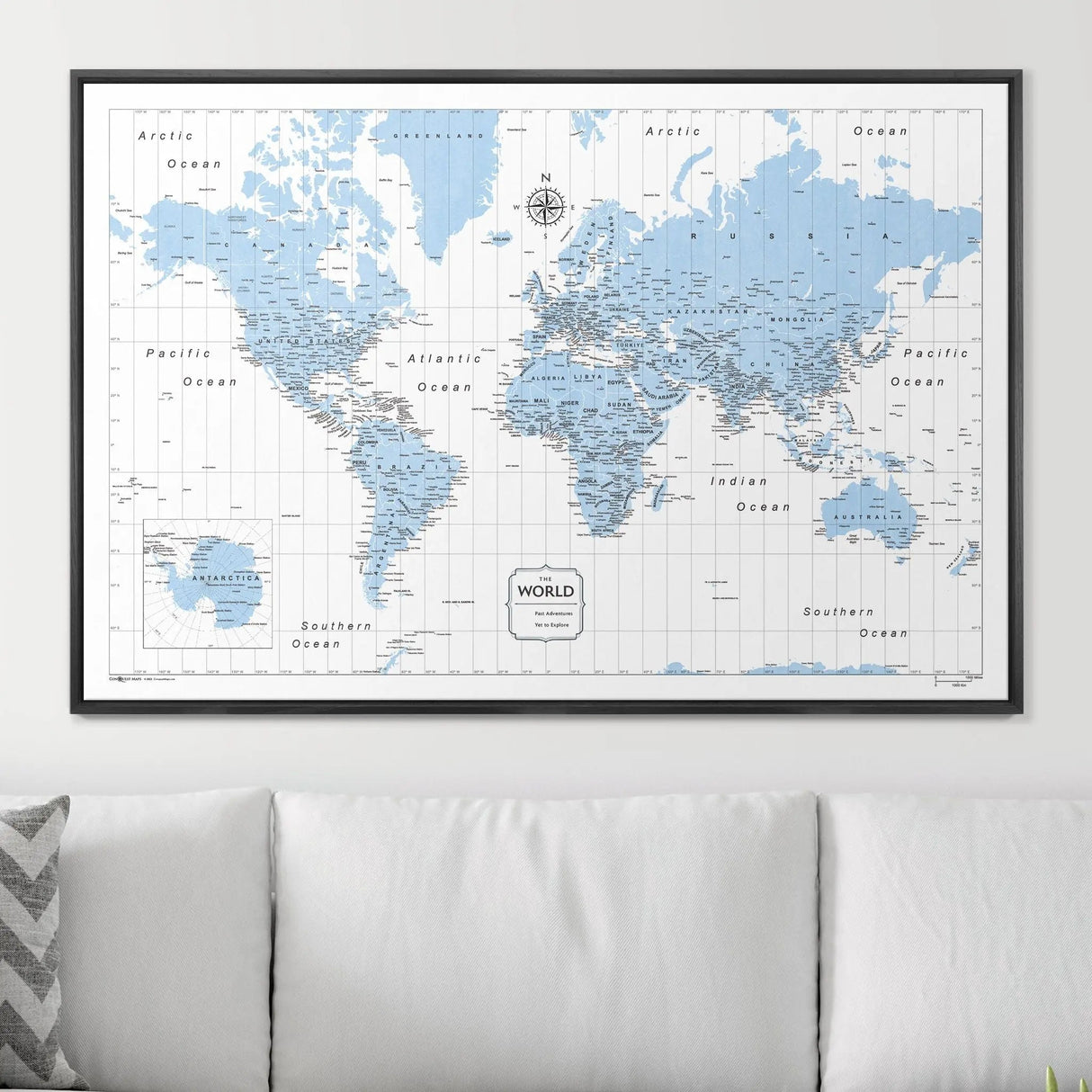 Push Pin World Map Map Pin Board - Light Blue Color Splash - Pins Included!