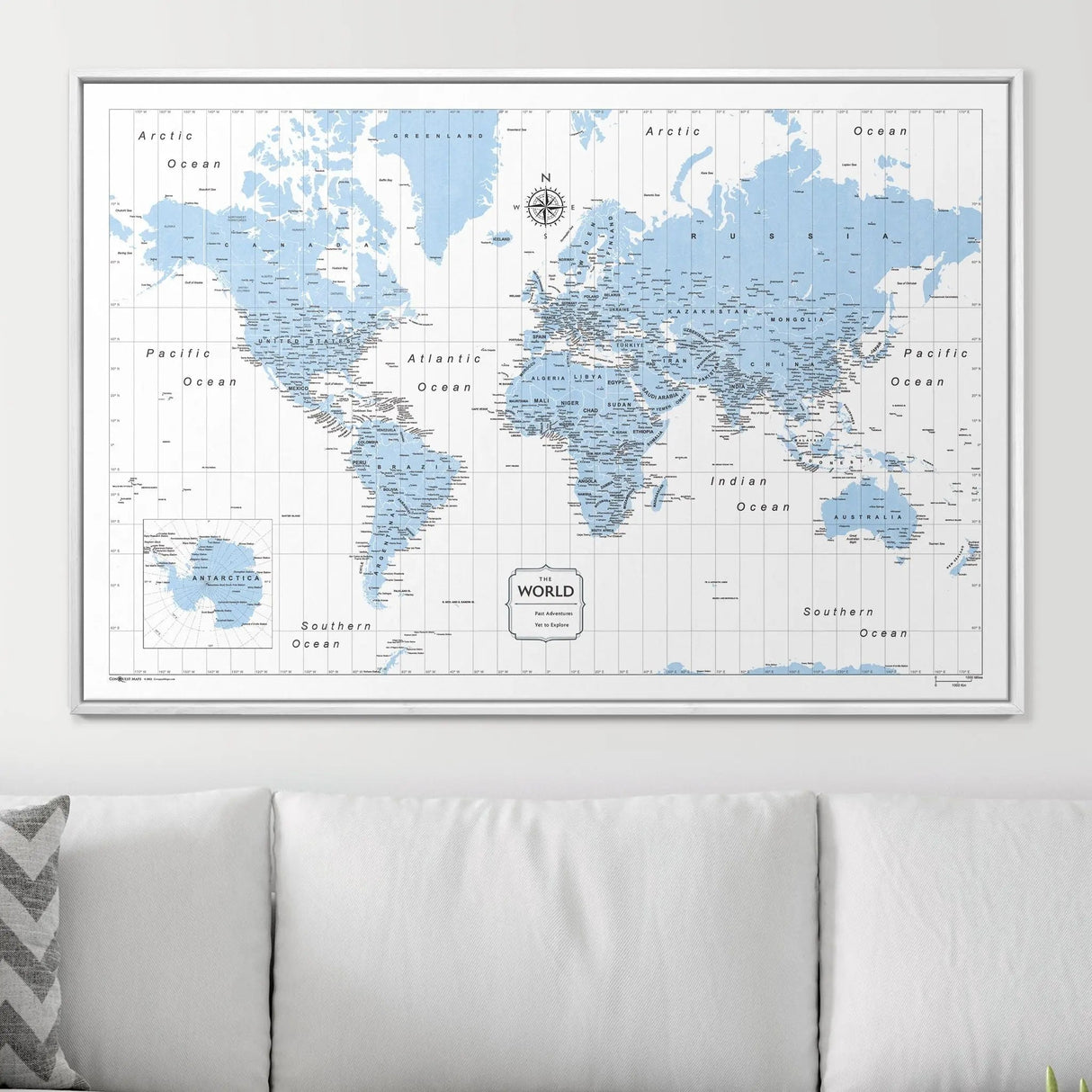 Push Pin World Map Map Pin Board - Light Blue Color Splash - Pins Included!