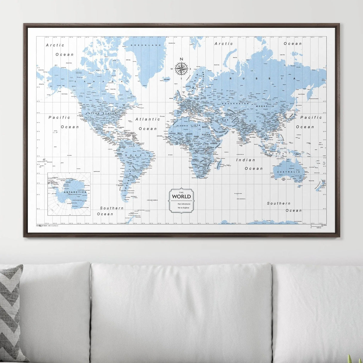 Push Pin World Map Map Pin Board - Light Blue Color Splash - Pins Included!