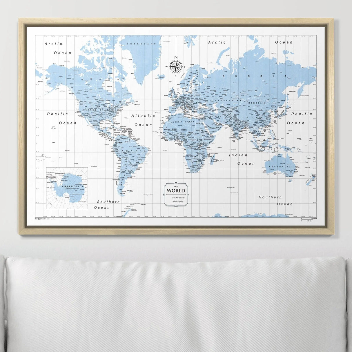 Push Pin World Map Map Pin Board - Light Blue Color Splash - Pins Included!