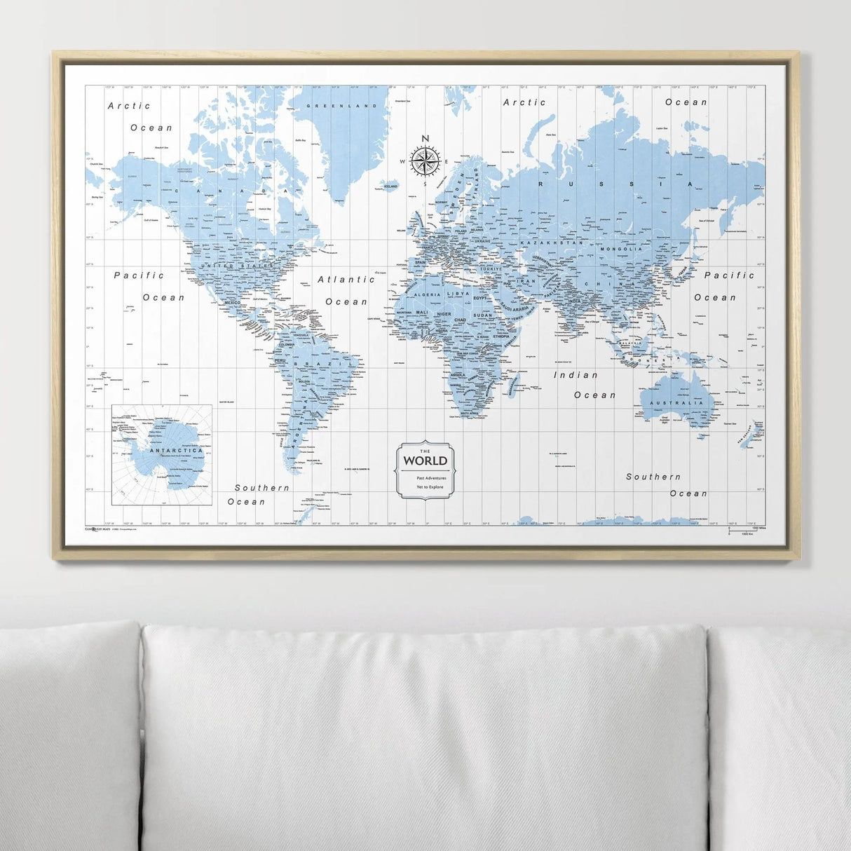 Push Pin World Map Map Pin Board - Light Blue Color Splash - Pins Included!