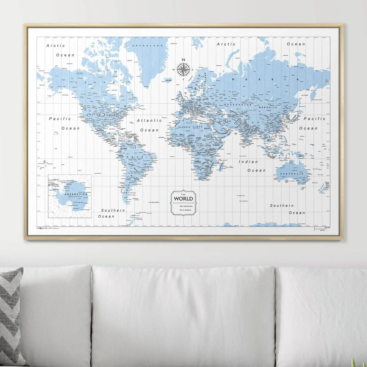 Push Pin World Map Map Pin Board - Light Blue Color Splash - Pins Included!