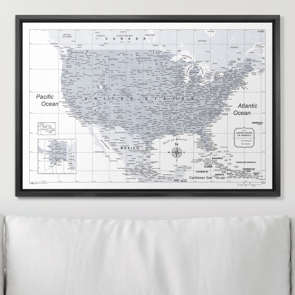 Push Pin USA Map Pin Board - Light Gray Color Splash- Pins Included!