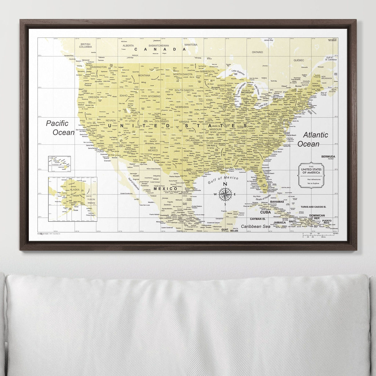 Push Pin USA Map Pin Board - Yellow Color Splash - Pins Included!