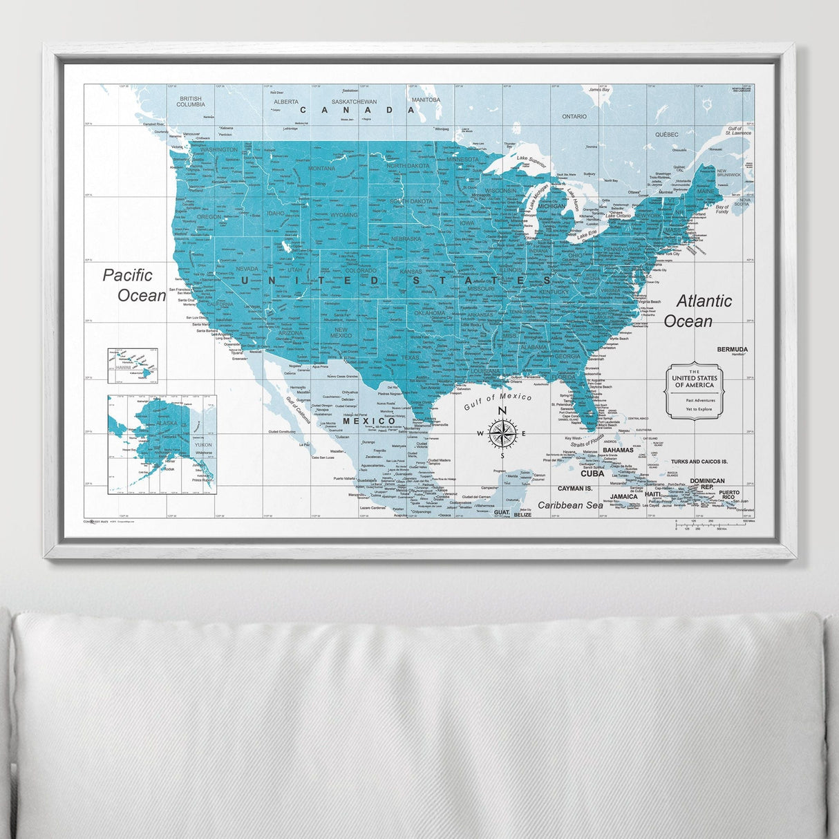 Push Pin USA Pin Board Map - Teal Color Splash - Pins Included!