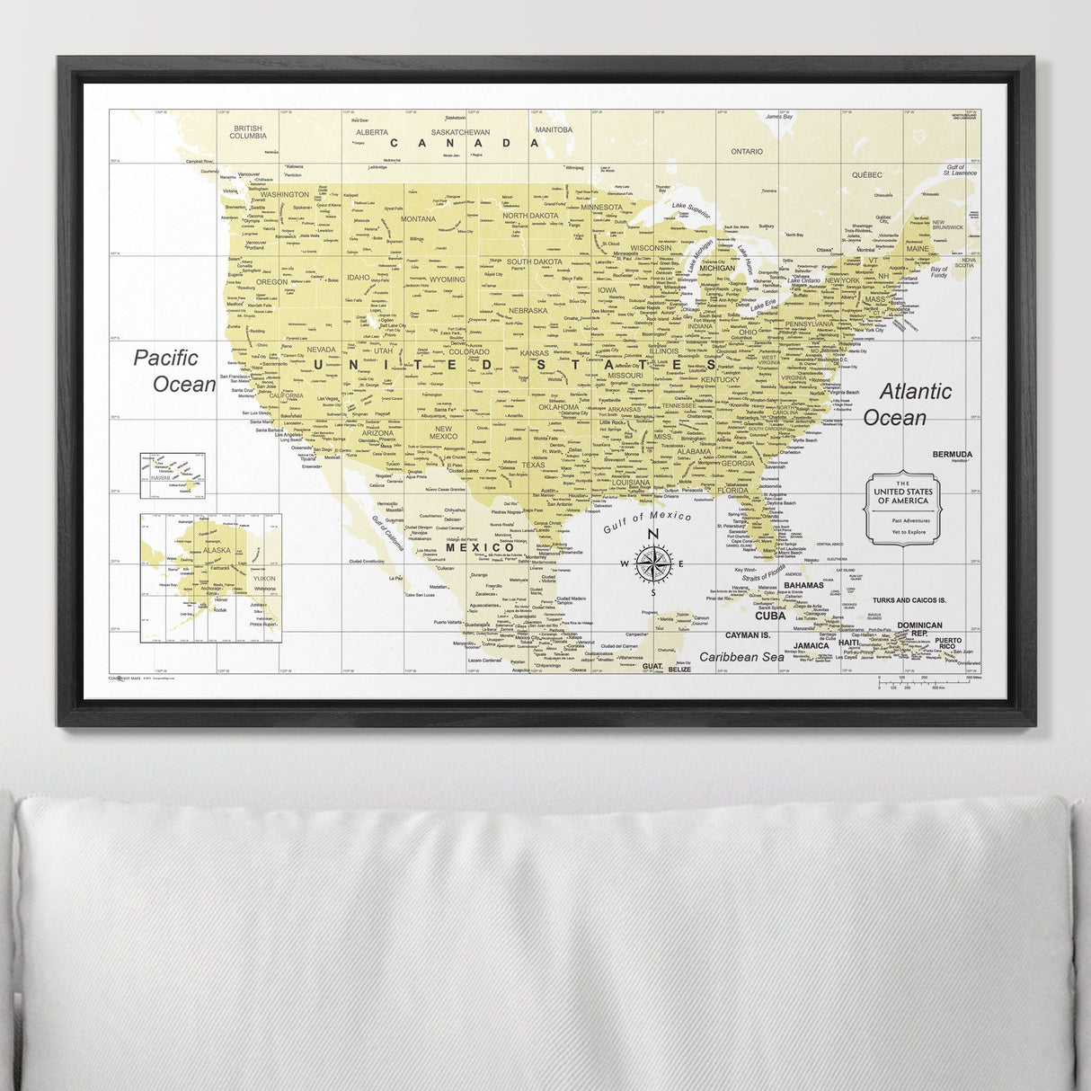 Push Pin USA Map Pin Board - Yellow Color Splash - Pins Included!