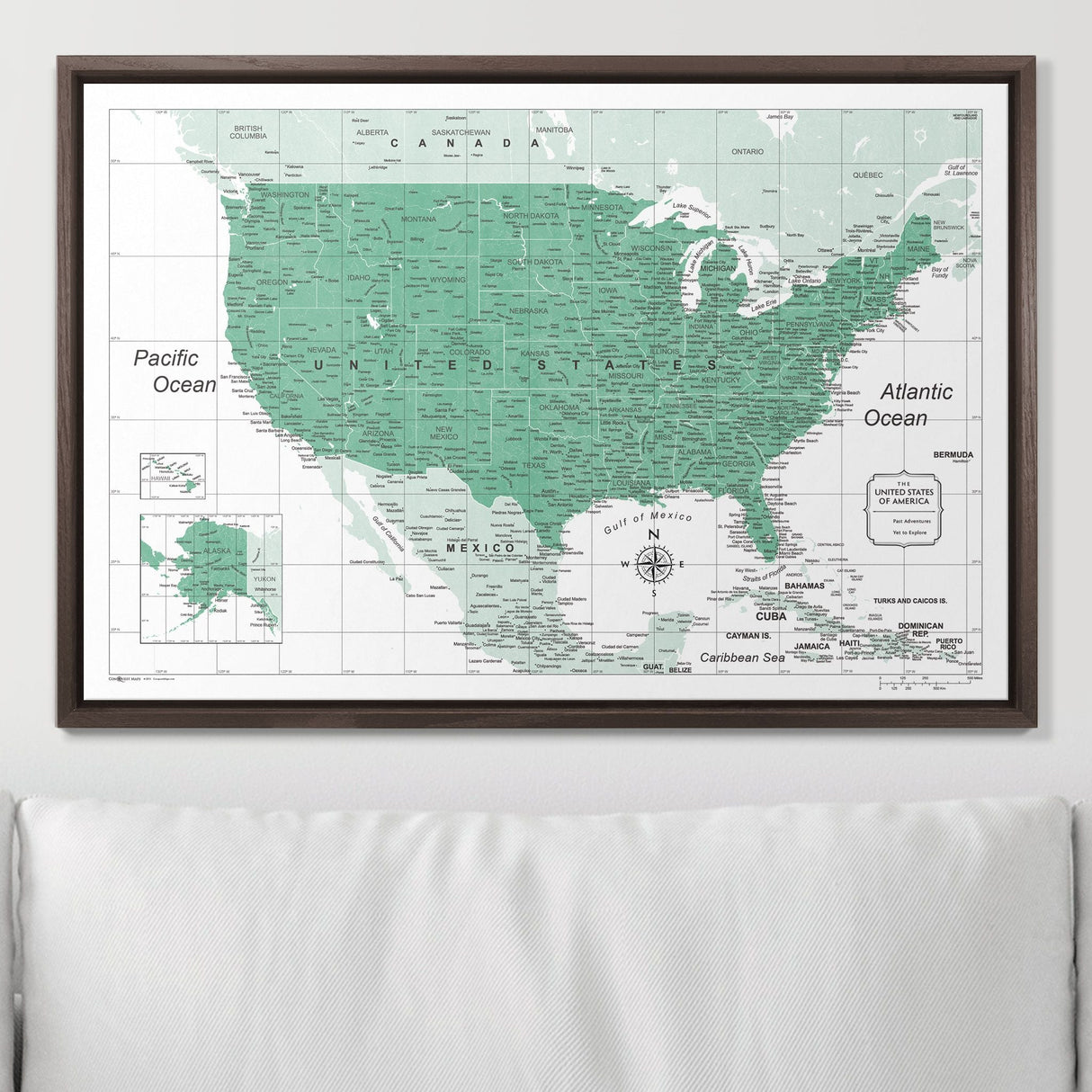 Push Pin USA Map Pin Board - Green Color Splash - Pins Included!