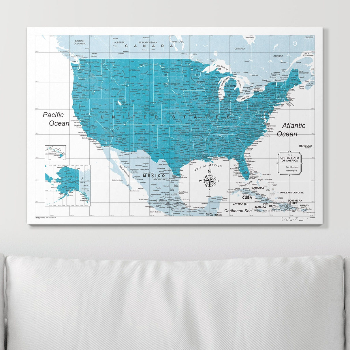 Push Pin USA Pin Board Map - Teal Color Splash - Pins Included!