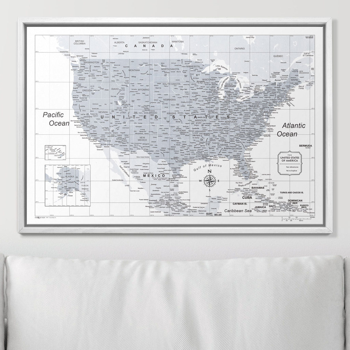 Push Pin USA Map Pin Board - Light Gray Color Splash- Pins Included!