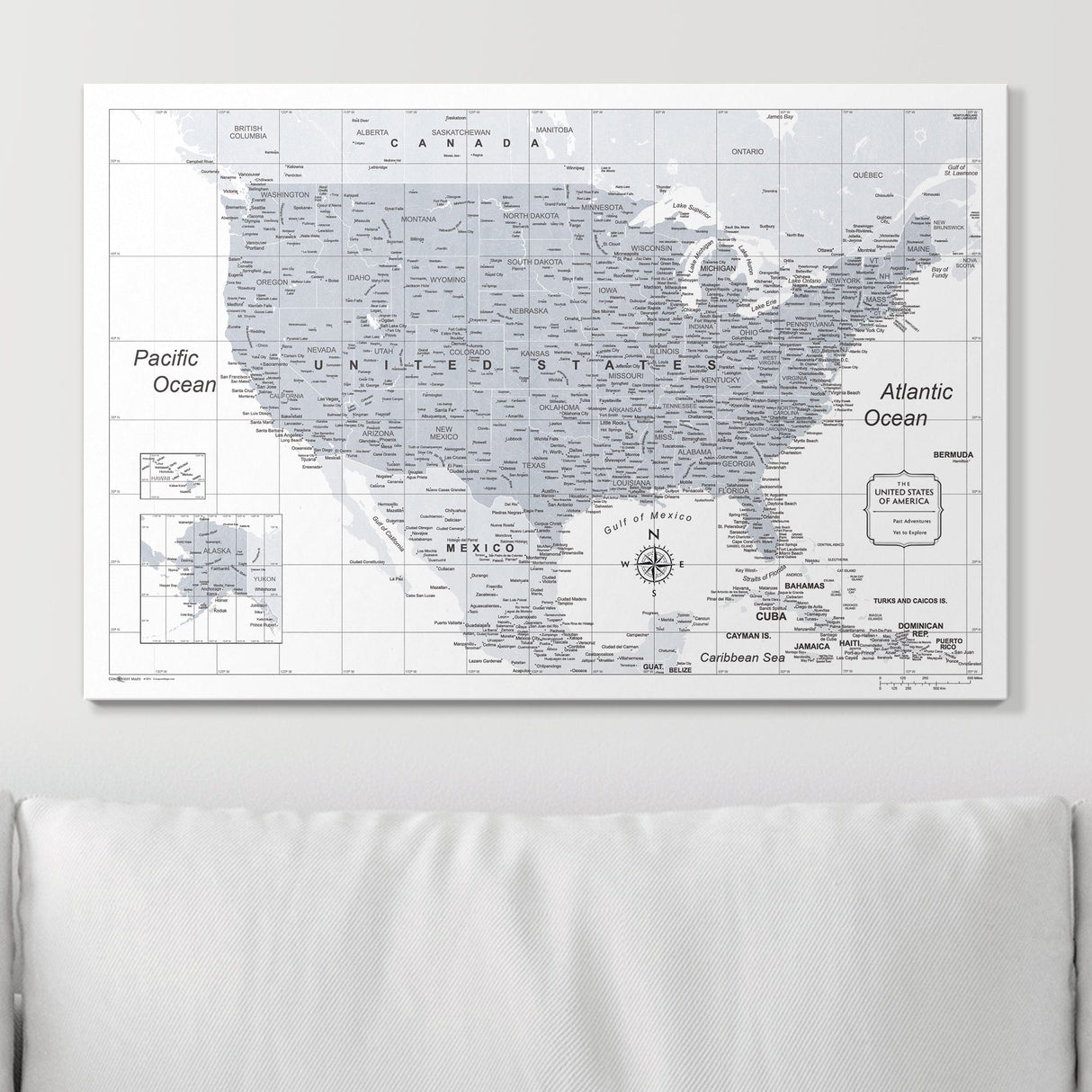 Push Pin USA Map Pin Board - Light Gray Color Splash- Pins Included!