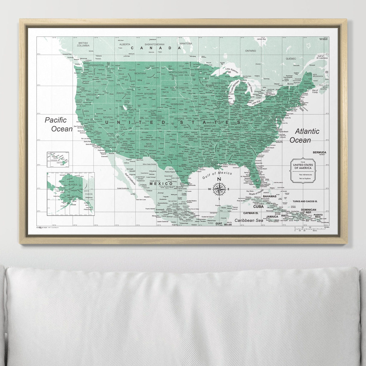 Push Pin USA Map Pin Board - Green Color Splash - Pins Included!