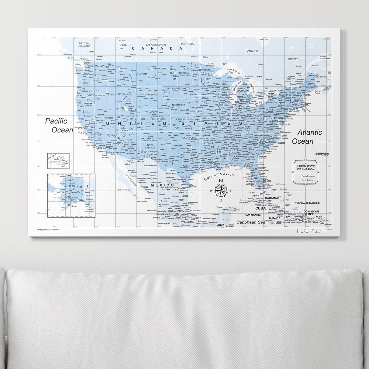 Push Pin USA Map Pin Board - Light Blue Color Splash - Pins Included!