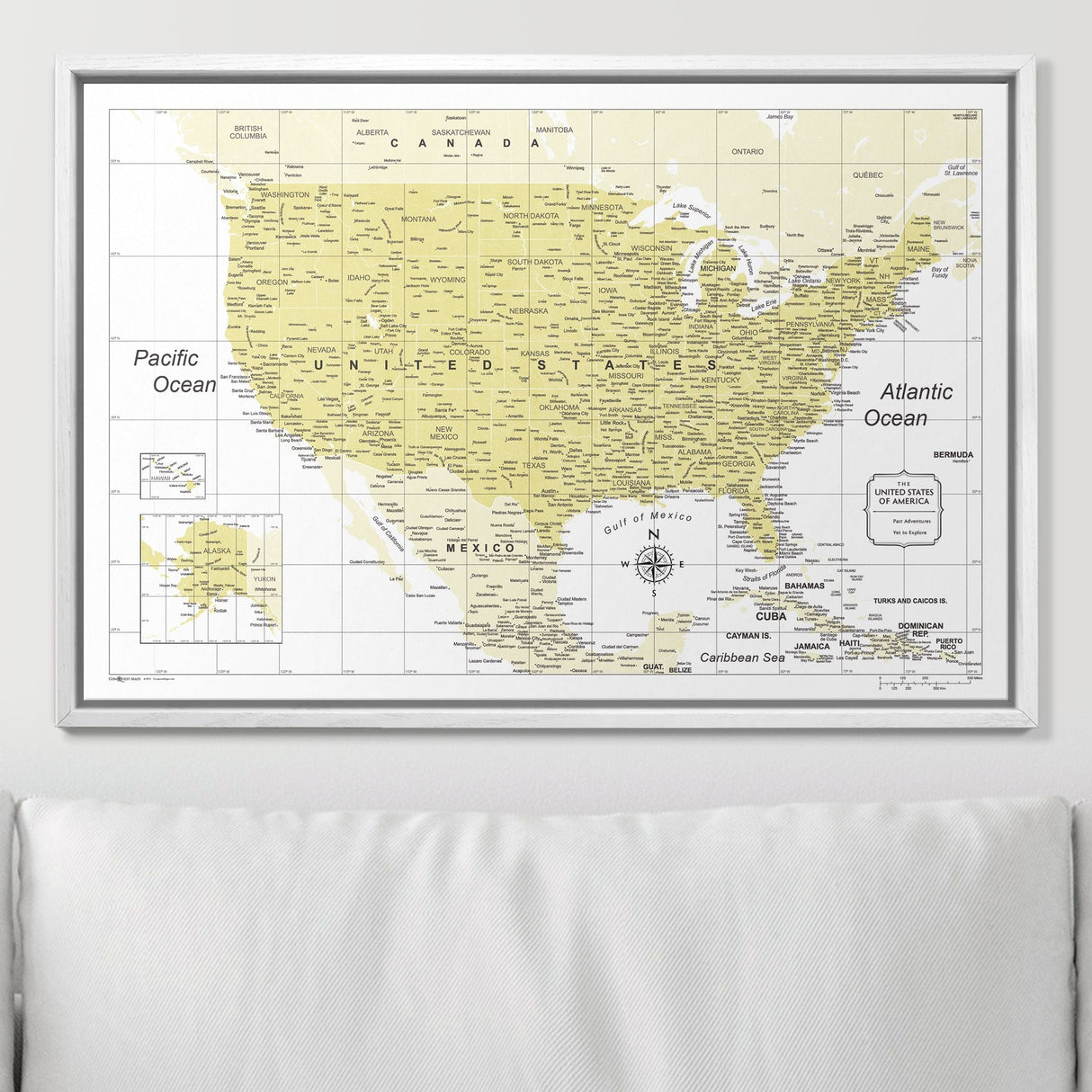 Push Pin USA Map Pin Board - Yellow Color Splash - Pins Included!