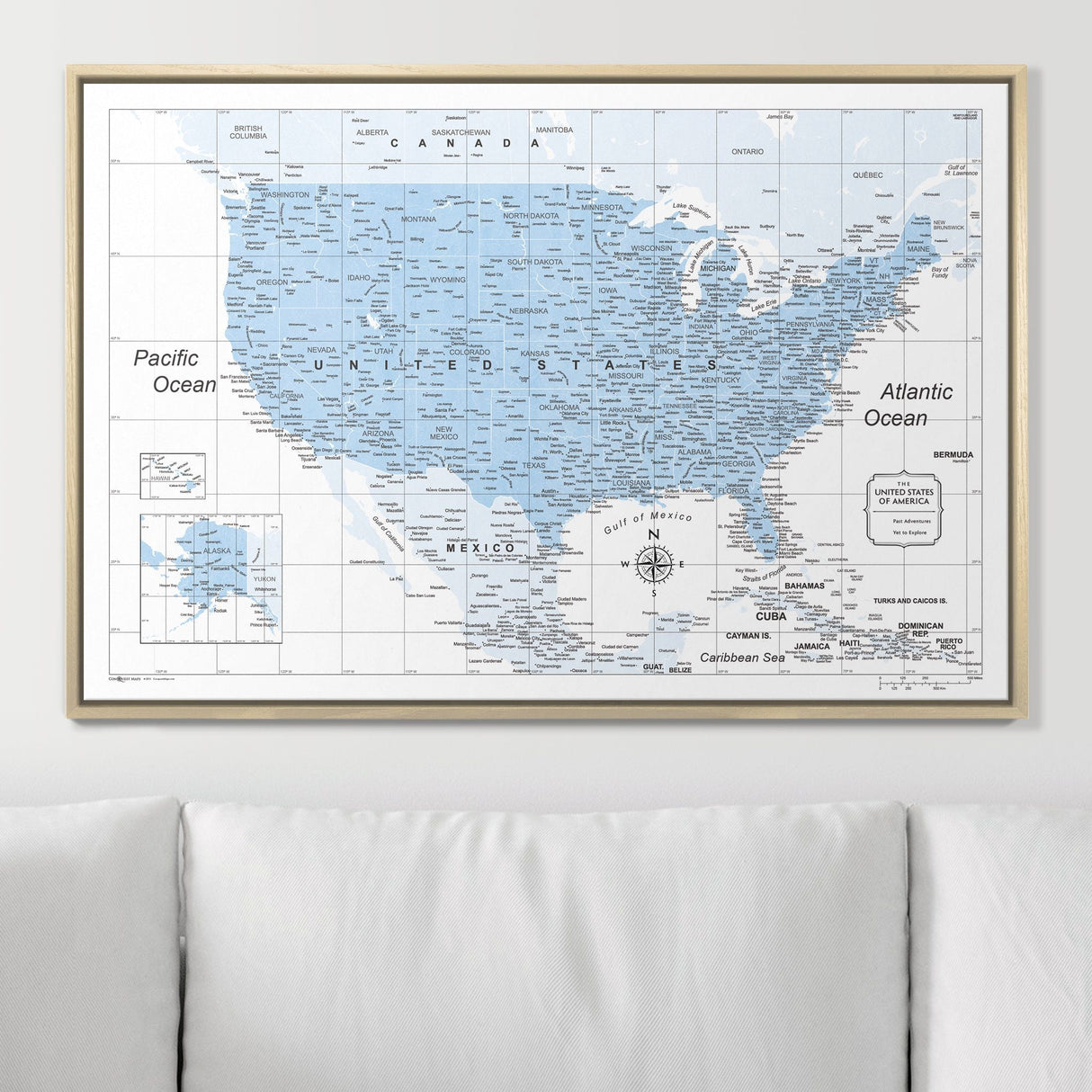 Push Pin USA Map Pin Board - Light Blue Color Splash - Pins Included!