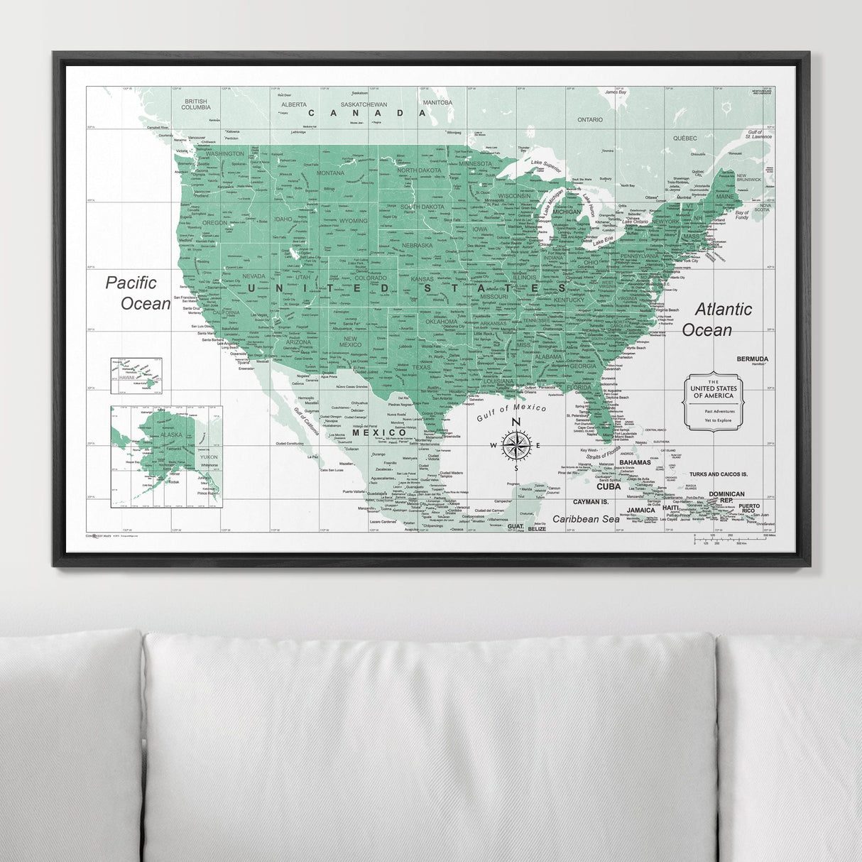 Push Pin USA Map Pin Board - Green Color Splash - Pins Included!