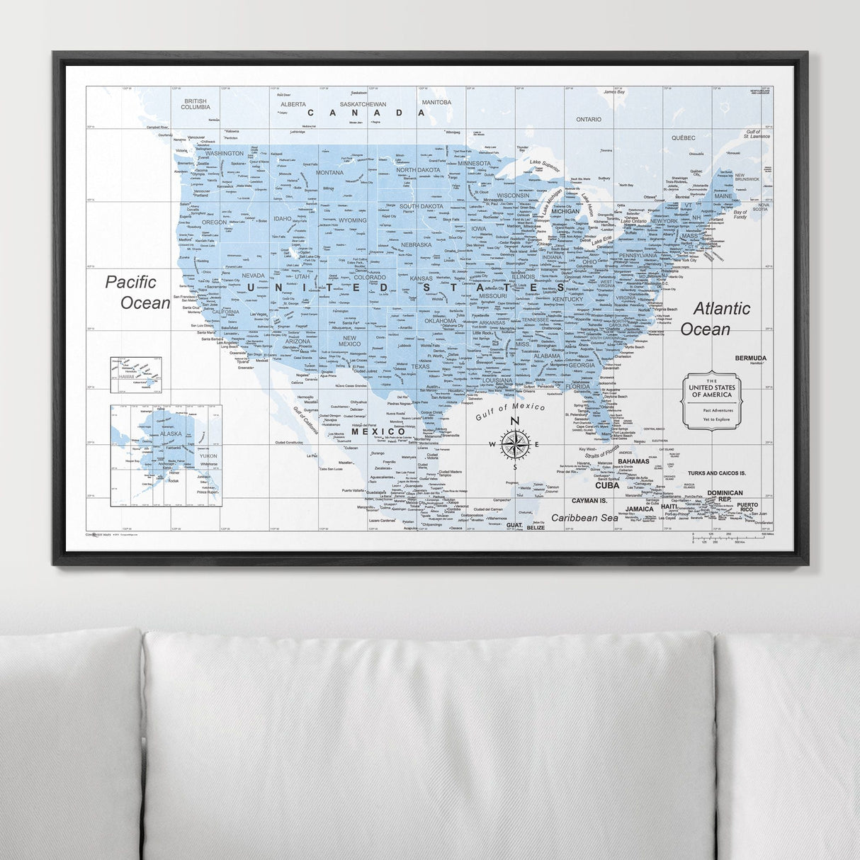 Push Pin USA Map Pin Board - Light Blue Color Splash - Pins Included!