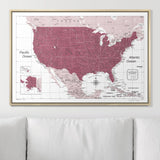 Push Pin USA Map Pin Board - Burgundy Color Splash - Pins Included!