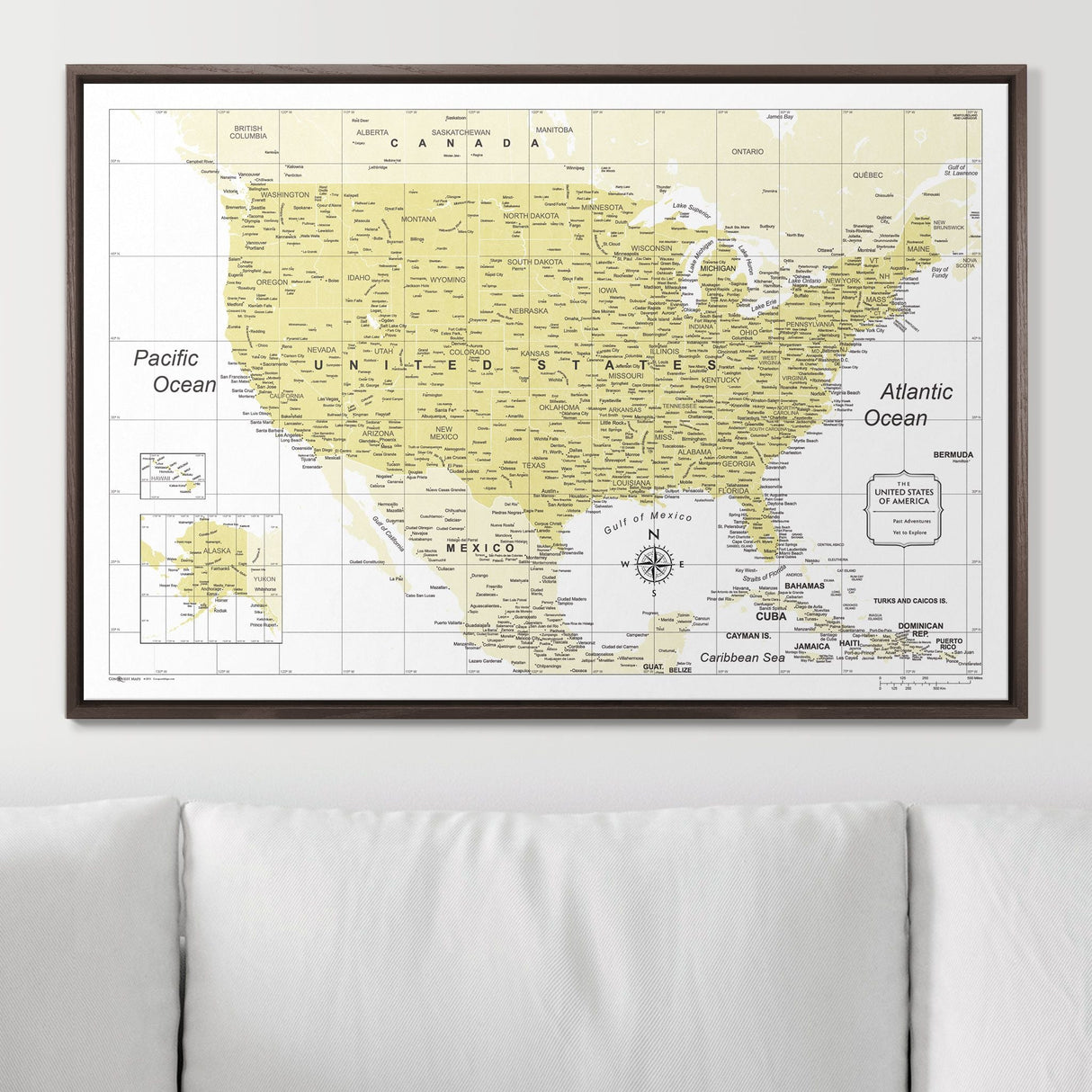 Push Pin USA Map Pin Board - Yellow Color Splash - Pins Included!