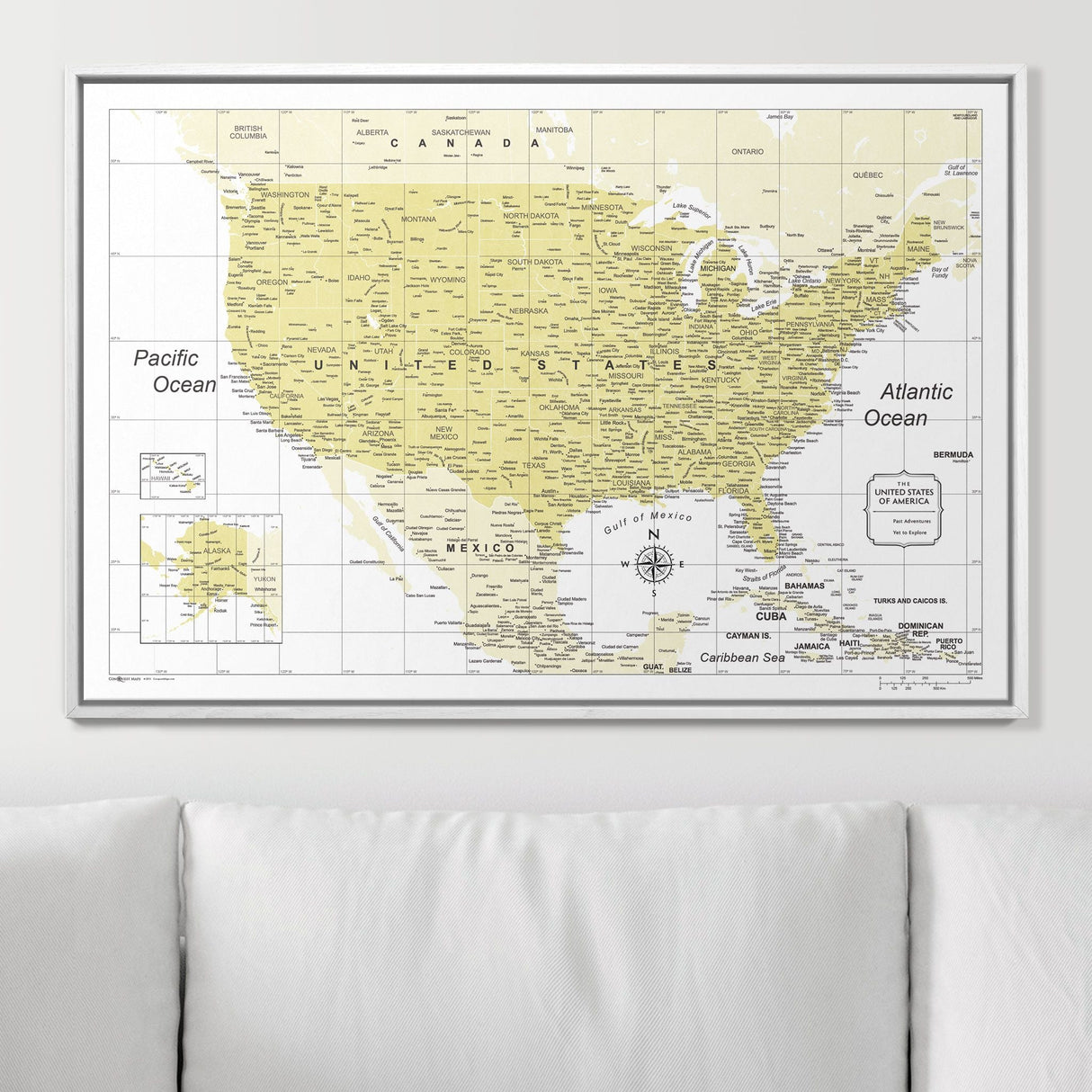 Push Pin USA Map Pin Board - Yellow Color Splash - Pins Included!