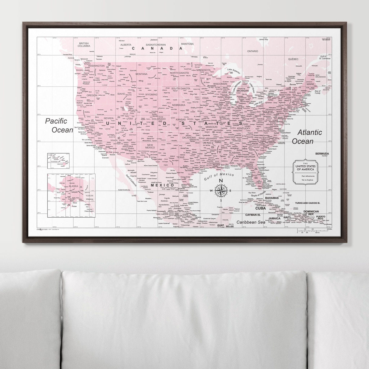 Push Pin USA Map Pin Board - Pink Color Splash - Pins Included!