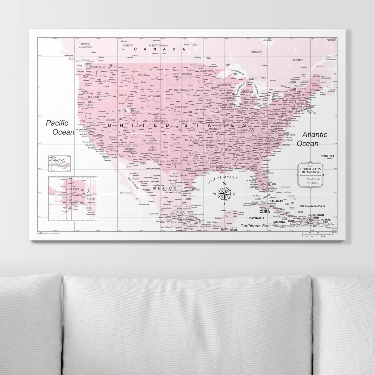 Push Pin USA Map Pin Board - Pink Color Splash - Pins Included!