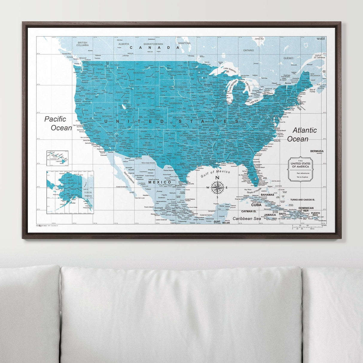 Push Pin USA Pin Board Map - Teal Color Splash - Pins Included!