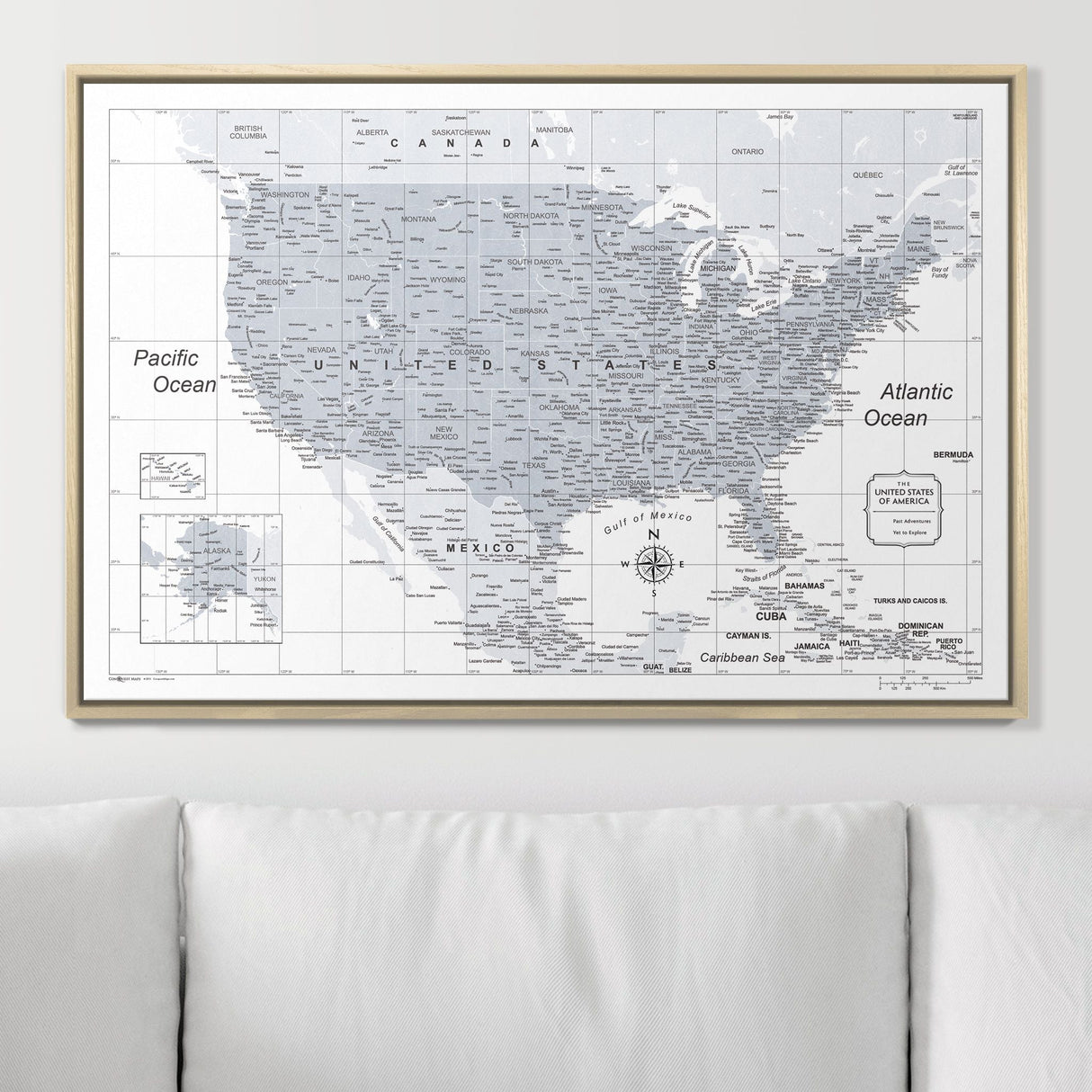 Push Pin USA Map Pin Board - Light Gray Color Splash- Pins Included!