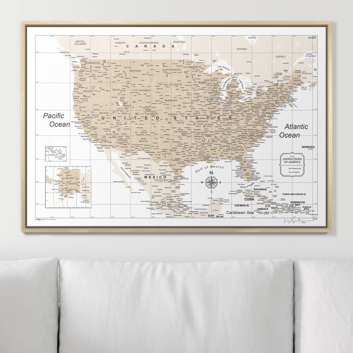 Push Pin USA Map Pin Board - Light Brown Color Splash - Pins Included!