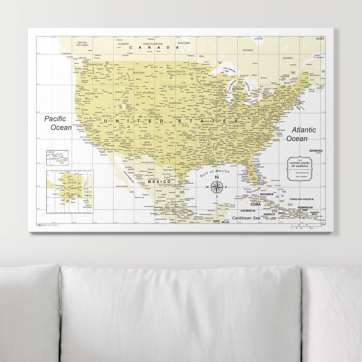 Push Pin USA Map Pin Board - Yellow Color Splash - Pins Included!