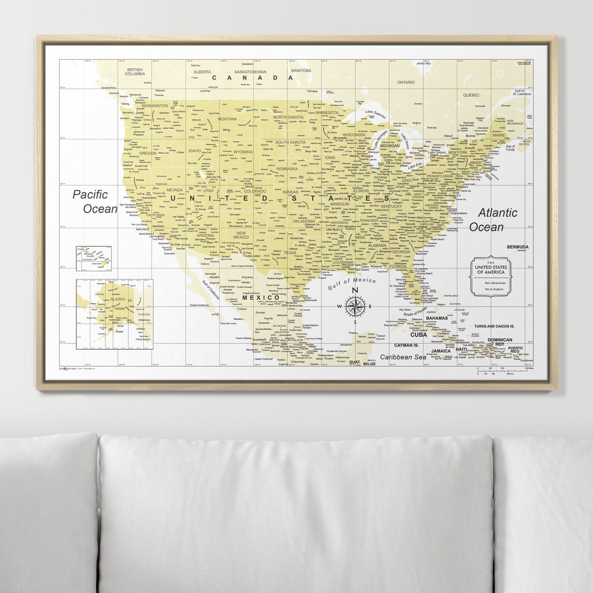 Push Pin USA Map Pin Board - Yellow Color Splash - Pins Included!