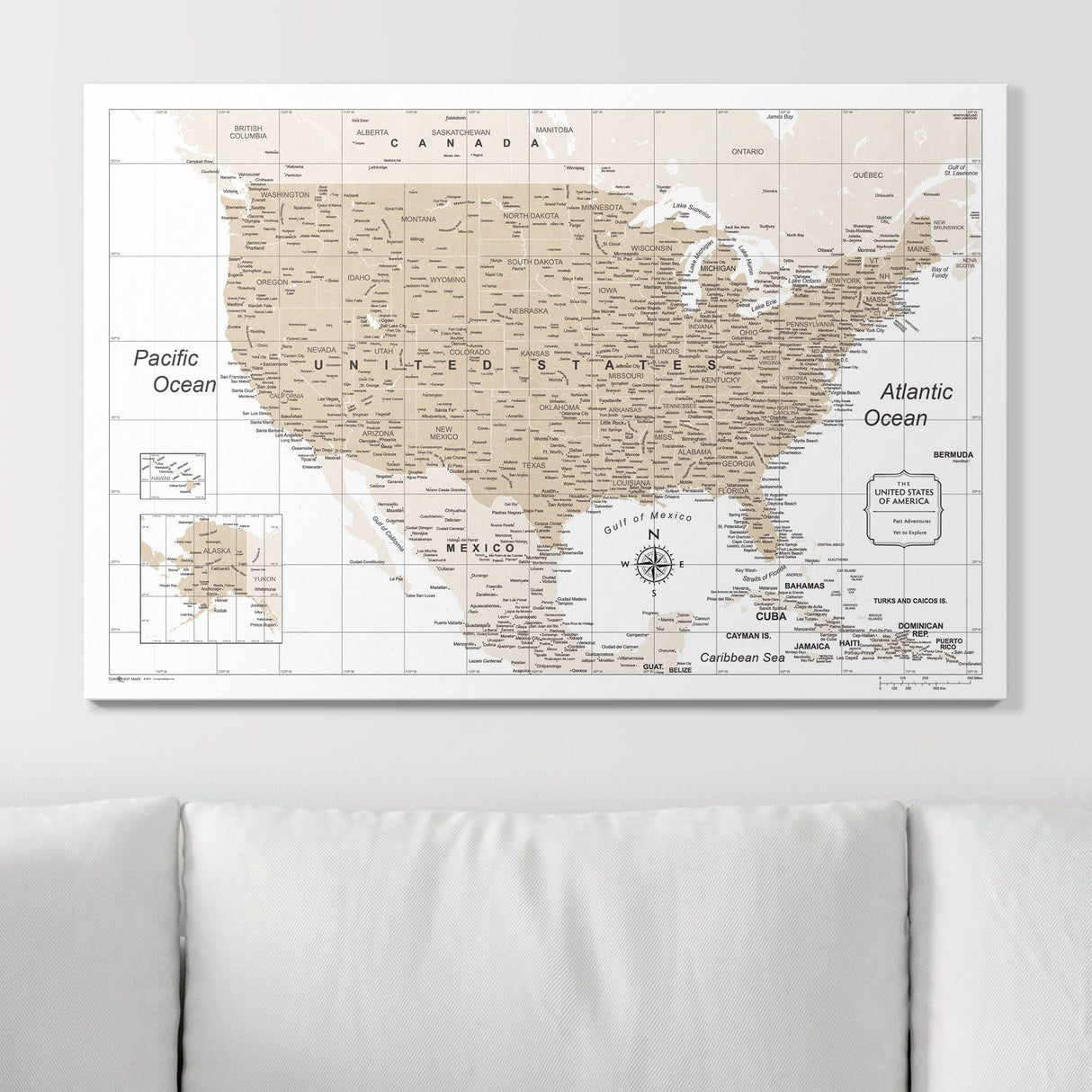 Push Pin USA Map Pin Board - Light Brown Color Splash - Pins Included!