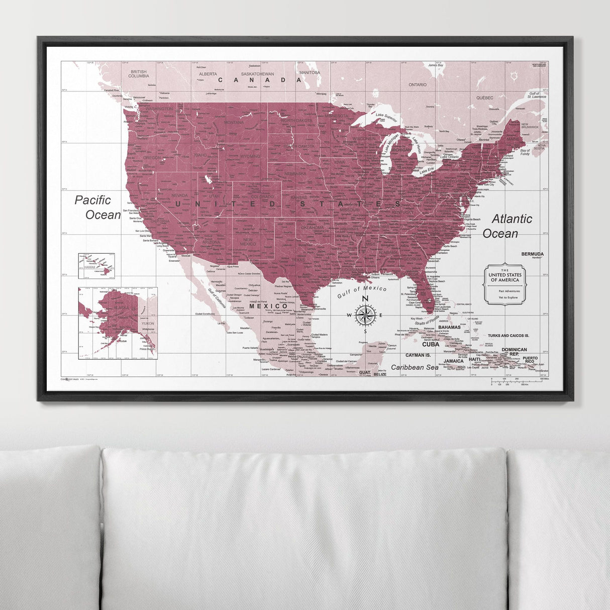 Push Pin USA Map Pin Board - Burgundy Color Splash - Pins Included!