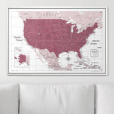 Push Pin USA Map Pin Board - Burgundy Color Splash - Pins Included!