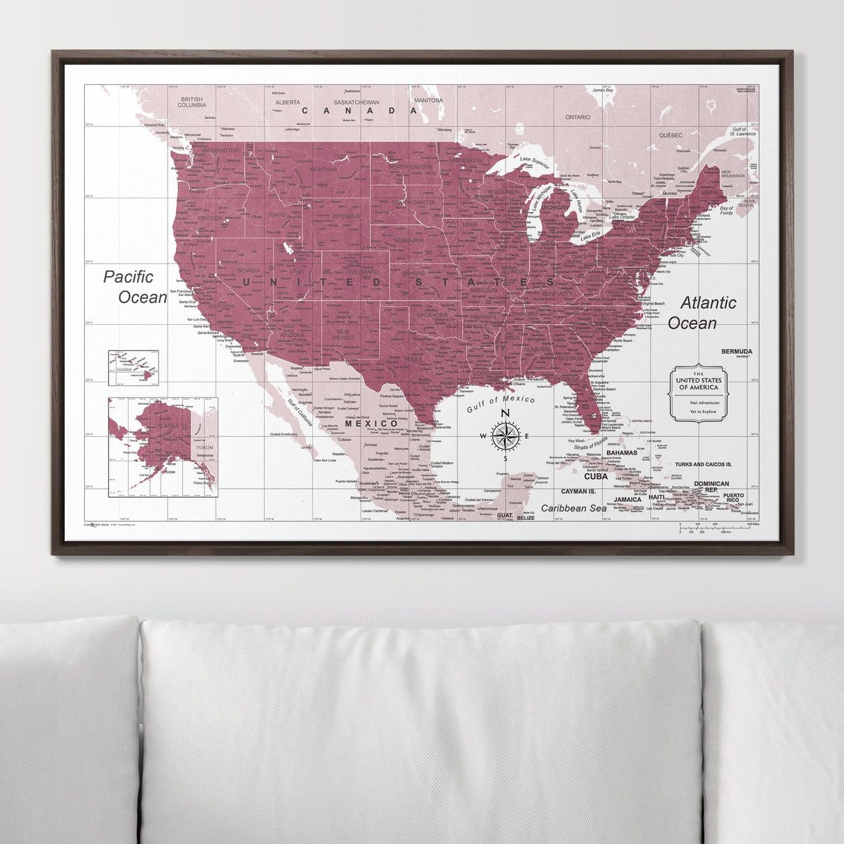 Push Pin USA Map Pin Board - Burgundy Color Splash - Pins Included!